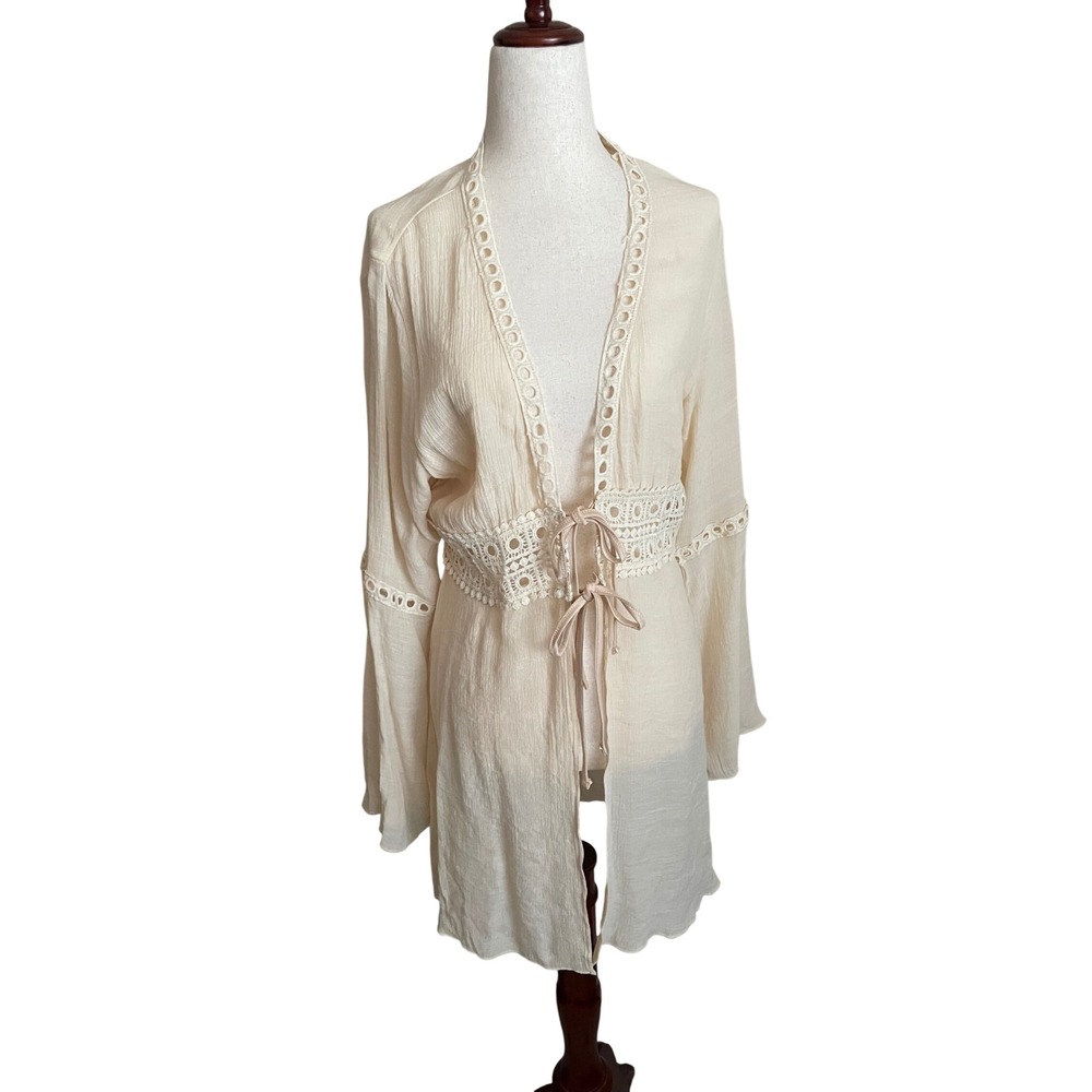 Boho Crochet Lace Tie Front‎ Flare Sleeve Cardigan Large Festival Fairy Indie